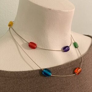 Dainty rainbow lucite acrylic beaded floating silvertone necklace